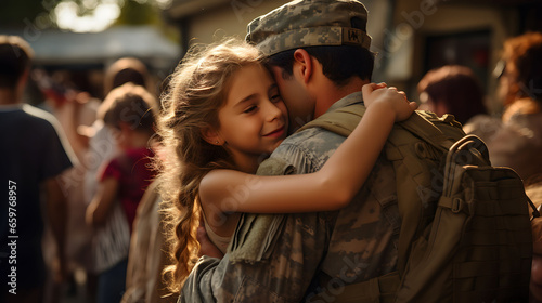 Army soldier embracing his daughter after coming back home. American serviceman surprising his wife and daughter with his return. Military man reuniting with his family after deployment.