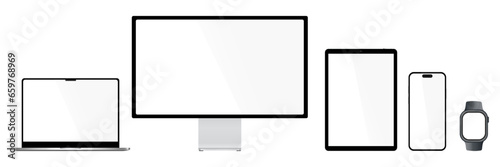 set of phone, laptop, monitor, tablet, smart watch with blank screen mockup