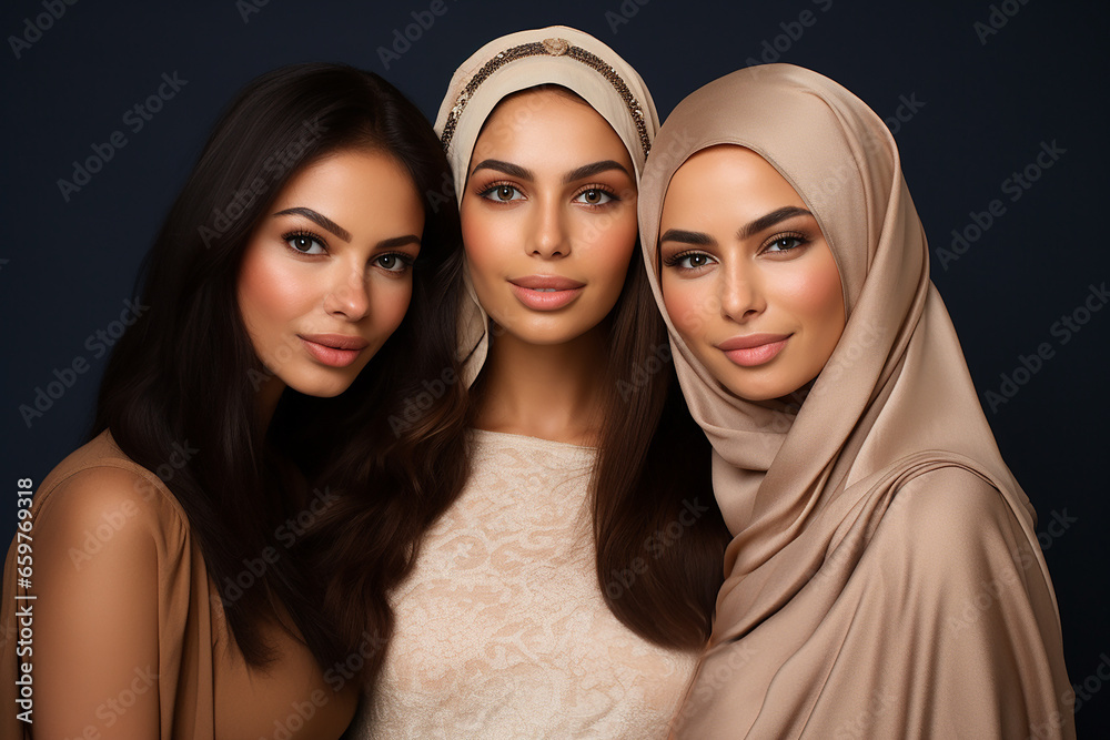 Studio portrait of three few beautiful young woman standing together in hug on different colour background Studio portrait of three few beautiful young woman standing together in hug on different colour background