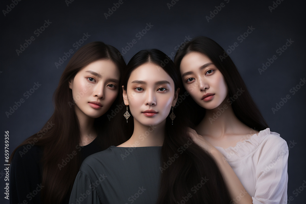 Studio portrait of three few beautiful young woman standing together in hug on different colour background Studio portrait of three few beautiful young woman standing together in hug on different colour background