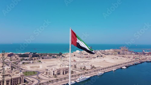 Aerial view of the Flag of the UAE, The national symbol of United Arab Emirates photo