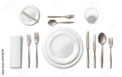 Dinner table setting set with cutlery, plates and glass. 3d realistic vector.