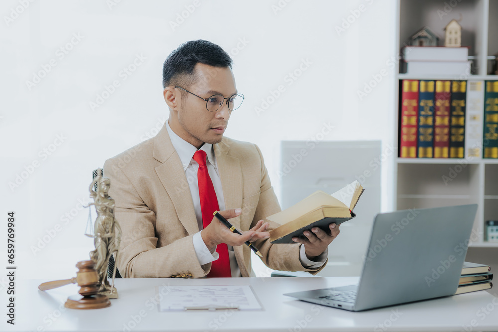 Male lawyer working in office with contract and legal documents when sitting at table. Law, legal service, advice, justice and real estate concept. Male lawyer working in office with contract and legal documents when sitting at table. Law, legal service, advice, justice and real estate concept.