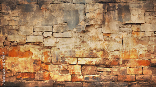 Picture of a brick wall plastered with plaster in an old and deteriorated condition.