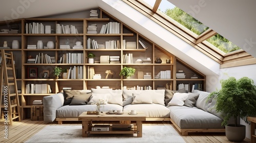 Corner sofa against shelving unit, scandinavian home interior design of modern living room in attic in farmhouse