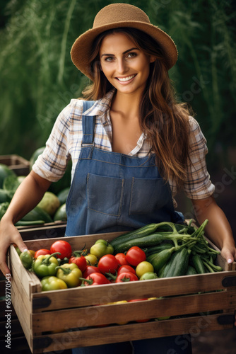Happy female farmer holding...