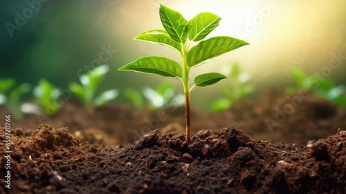 Sprout plantation concept, Coffee Bean seedlings on fertile soil nature background. Generative AI image weber. photo