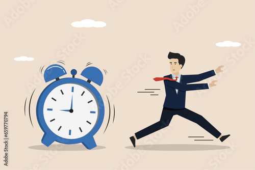 Running out of time, time countdown or time management concept, pressed for time, business people running fast because the alarm goes off or running out of work time.