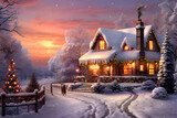 Christmas Village in winter and snowfalls cartoon