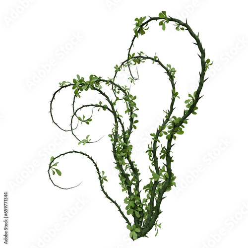 A 3d rendered illustration of a cluster of green vines with thorns and green leaves 