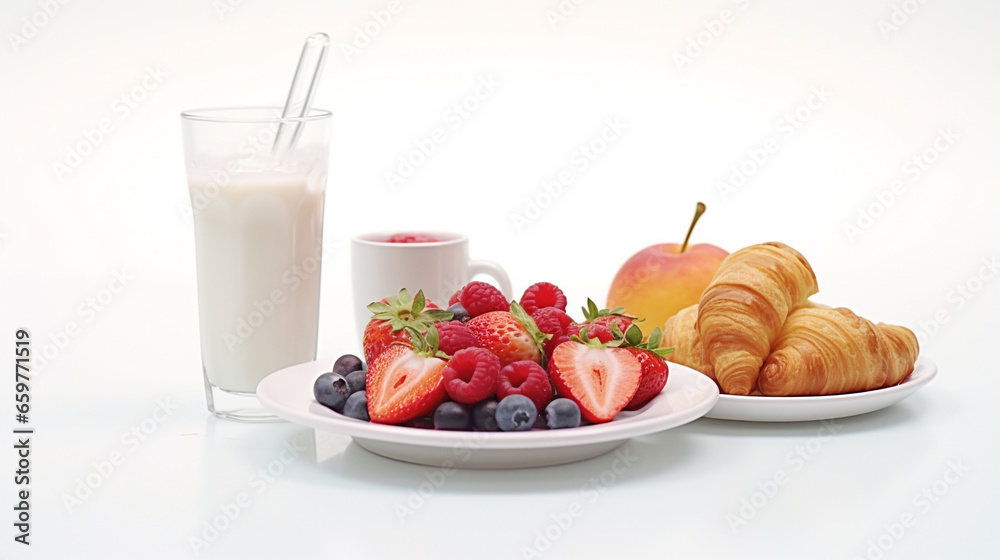 Breakfast of granola and berries with a cup of coffee and a glass of juice white background.