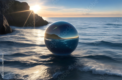 A glass ball on the sea waves.under the sea ,sky and mountain reflected in glass ball
