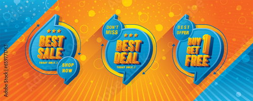 Best Sale, Best Deal, Buy 1 get 1 free tag and discount label sign, Abstract Blue Speech Bubble offer Sale Discount labels design. Condensed Font