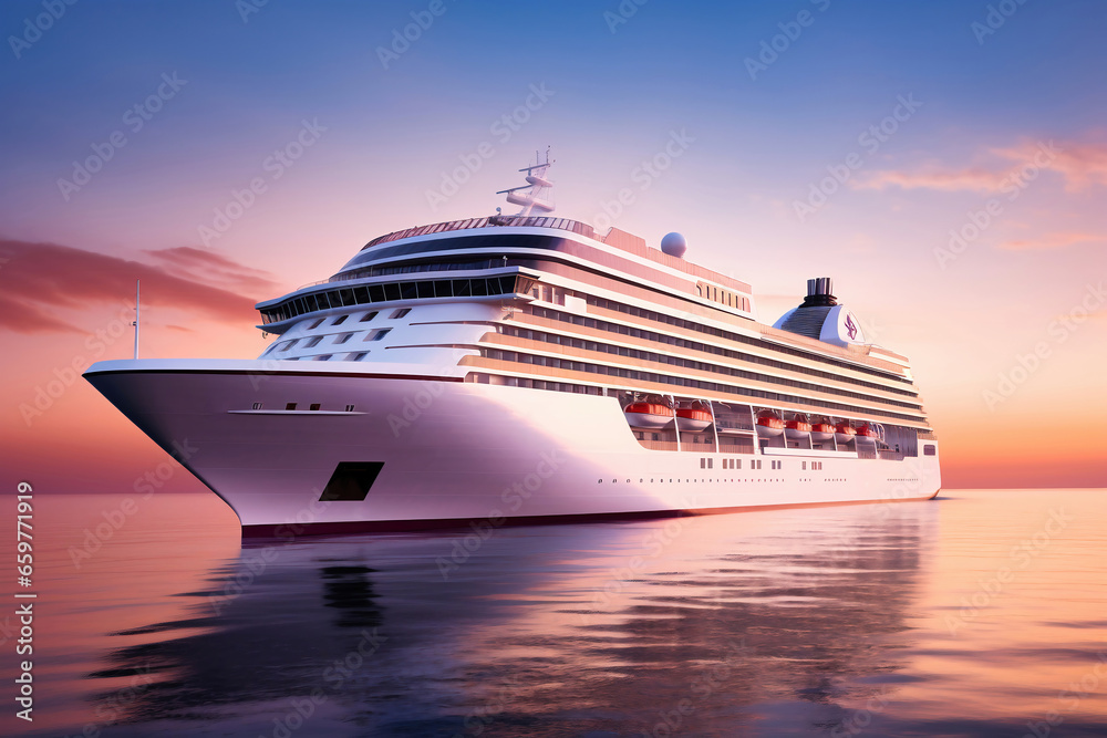 A huge cruise line travels across the sea. Sea travel vacation. Seascape overlooking a cruise liner. Passenger liner on the high seas. Tourist travel in the ocean. - obrazy, fototapety, plakaty 