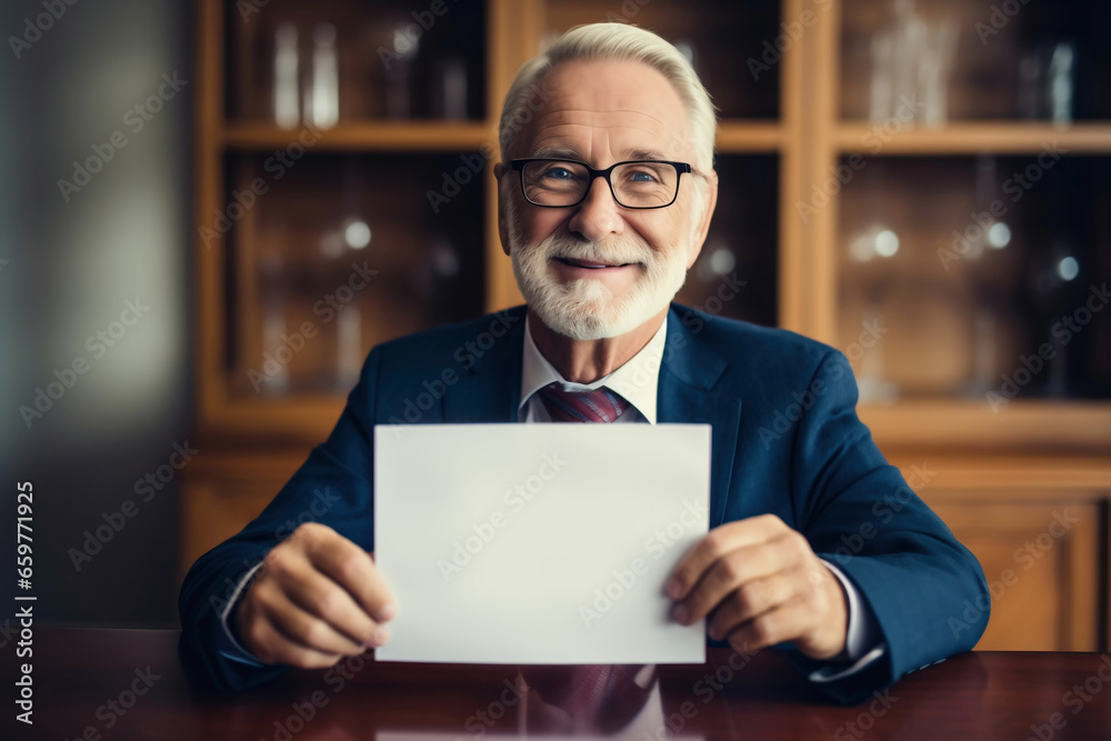 A senior man of European appearance in a business suit is holding a sign or paper. Gray-haired old man. copy space. pension reform. Happy old age and retirement. Accumulative pension system. A senior man of European appearance in a business suit is holding a sign or paper. Gray-haired old man. copy space. pension reform. Happy old age and retirement. Accumulative pension system.