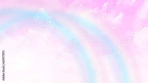 Pink fairytale sky background with stars and rainbow. White and pastel color clouds for imaginary world. Fantasy, magic beautiful land background, evening fabulous sky vector illustration