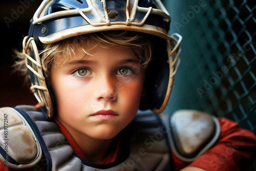 Photo of a child wearing a protective baseball helmet up close © Anoo