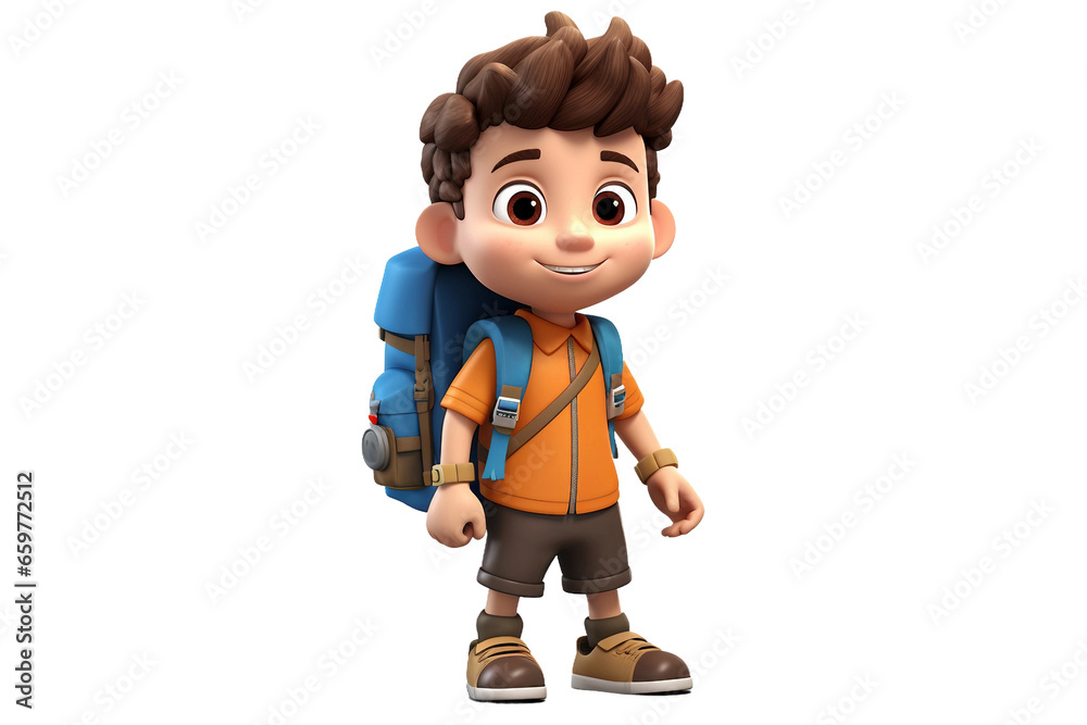 3D Cartoon Child Character Wearing a Backpack Isolated on Transparent Background.