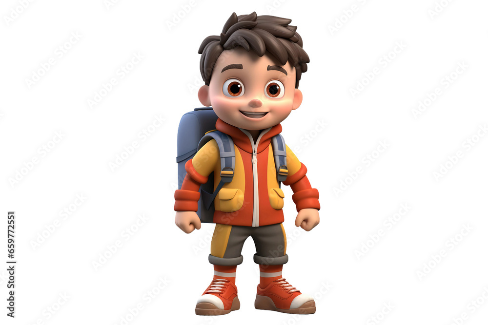 3D Cartoon Child Character Wearing a Backpack Isolated on Transparent Background.