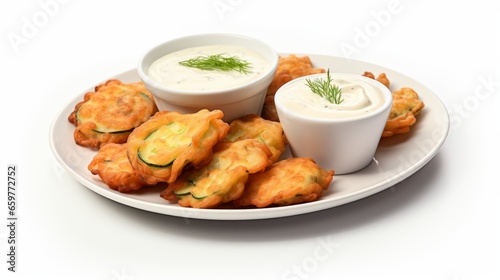 A plate of vegetable fritters, served with a side of dipping sauce.