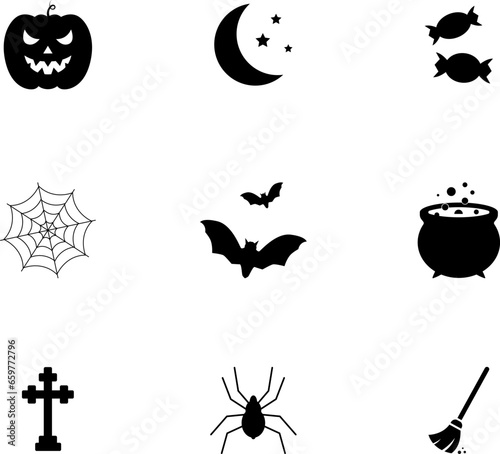 Halloween symbols and signs. Cat, Castle, Party, Witch, Pumpkin, Tree, witch hat, spiders, October, Doodle, skull, Night, Autumn, Celebration, Holiday, Symbol, human skeleton. Vector illustration.