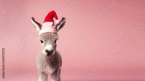 Donkey with santa hat isolated on pastel pink background. Blank space for advertisement. Copy space on right.