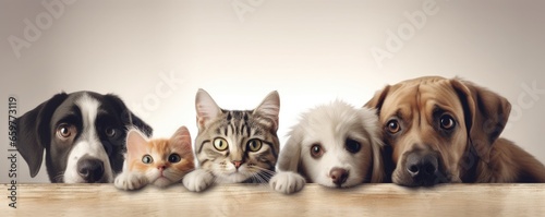Dogs and Cats, peeking over the clear solid white top line, petshop banner, happy, smile, funny. Generative AI image weber. photo
