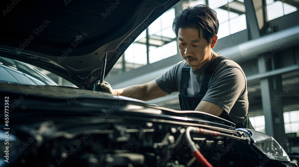 Man mechanic technician are concentrating on repairing vehicles in the workshop Man mechanic technician are concentrating on repairing vehicles in the workshop