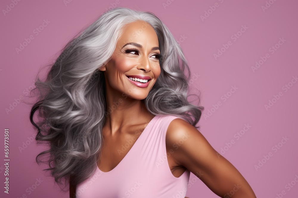 Self confident afro-american senior woman smiling to the camera. Woman self care and health concept