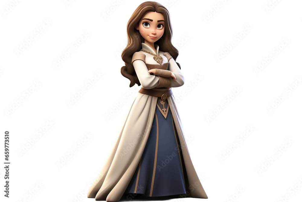 Medieval Gown-Clad Female: 3D Cartoon Character on Transparent Background.