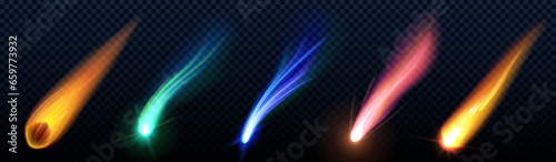 Comet or meteor trails set isolated on transparent background. Vector realistic illustration of asteroid, shooting star, missile, rocket, burning rock falling from sky at high speed, neon light tail