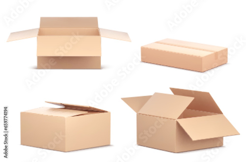 Cardboard boxes for delivering parcels by mail. Realistic vector illustration set of carton empty open and closed brown packages in different positions. Cargo and shipping craft packs mockup.