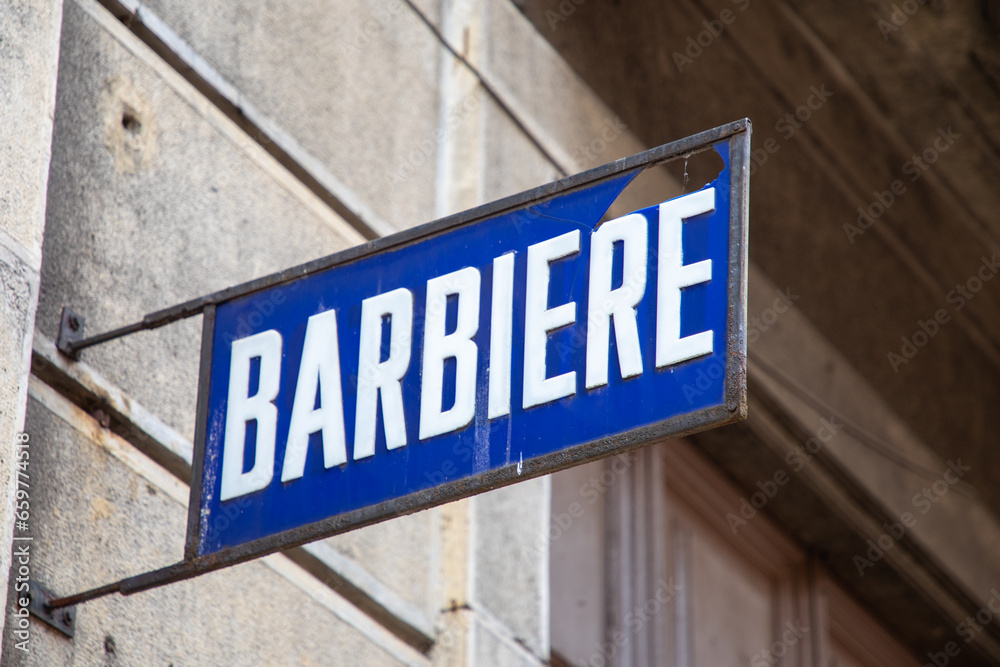 barbiere italian text means barber shop signboard facade entrance sign for italy hairdresser