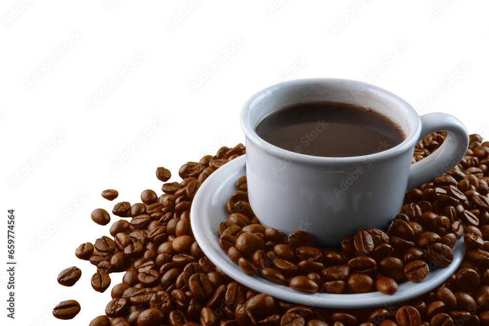Fototapeta premium A Cup of Coffee with Scattered Coffee Beans Isolated Background 