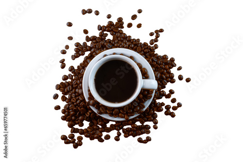 A Cup of Coffee with Scattered Coffee Beans Isolated Background 