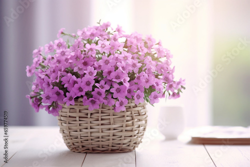 Beautiful bouquet in wicker basket on table