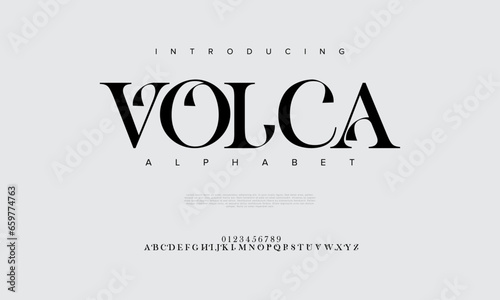 Volca premium luxury elegant alphabet letters and numbers. Elegant wedding typography classic serif font decorative vintage retro. Creative vector illustration photo