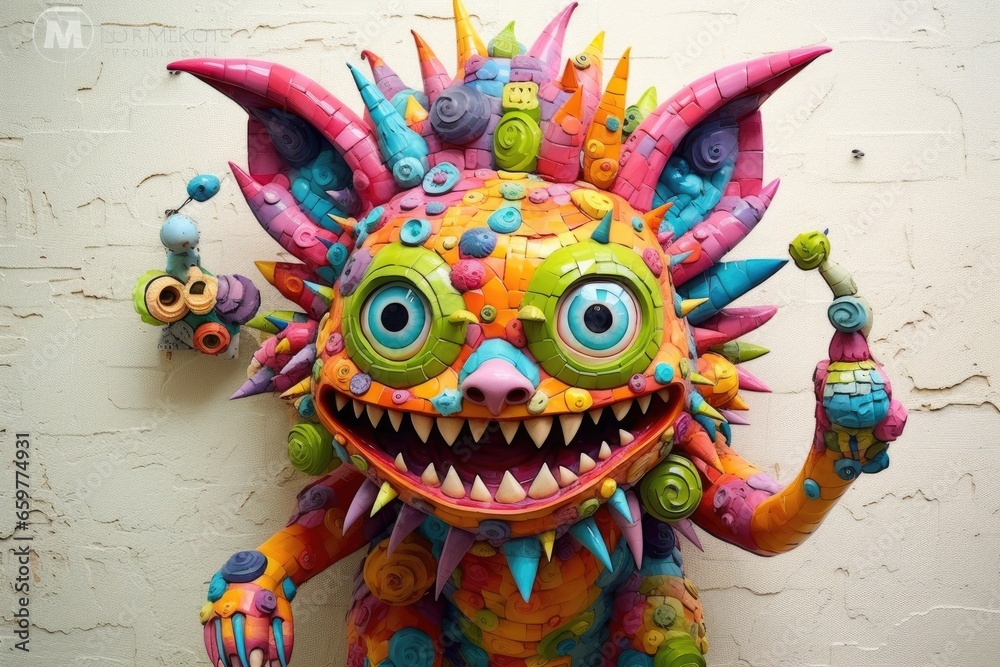 The monster on the wall is covered with candy, in the style of pop culture collages, organic sculptures, kombuchapunk, green and amber, vibrant, catcore, caninecore. Generative AI image weber.