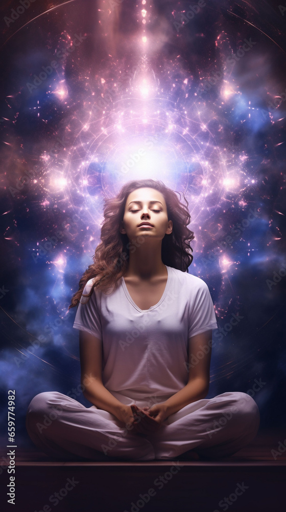 A young woman meditates in the lotus position. A young woman meditates in the lotus position.