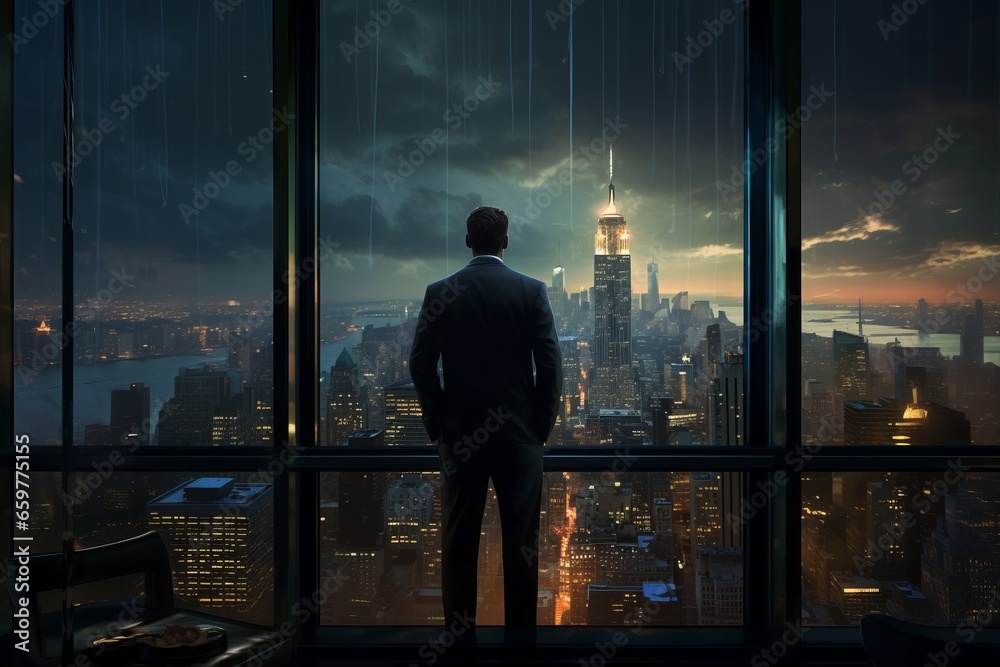 Businessman Contemplating Success: Cityscape View from Office Window Businessman Contemplating Success: Cityscape View from Office Window