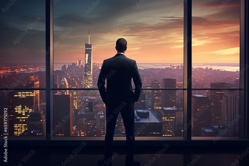 Businessman Contemplating Success: Cityscape View from Office Window Businessman Contemplating Success: Cityscape View from Office Window