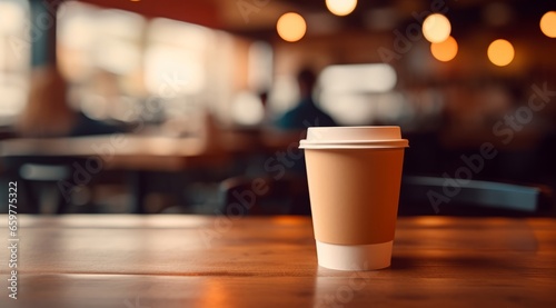 Cozy Coffee Break  A Cup of Warmth on a Rustic Wooden Table in a Charming Caf  