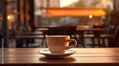 Cozy Coffee Break: A Cup of Warmth on a Rustic Wooden Table in a Charming Café