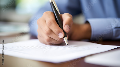 Close up hands of businessman in a suit signing a document at the desk in office