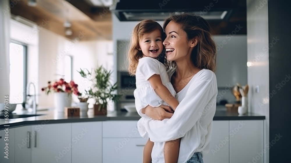 Beautiful young mother with her cute little daughter in the kitchen. Beautiful young mother with her cute little daughter in the kitchen.