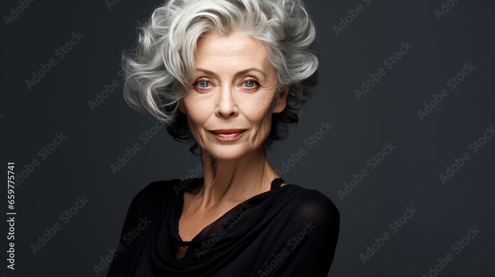 Portrait of a beautiful mature woman with gray hair. 
