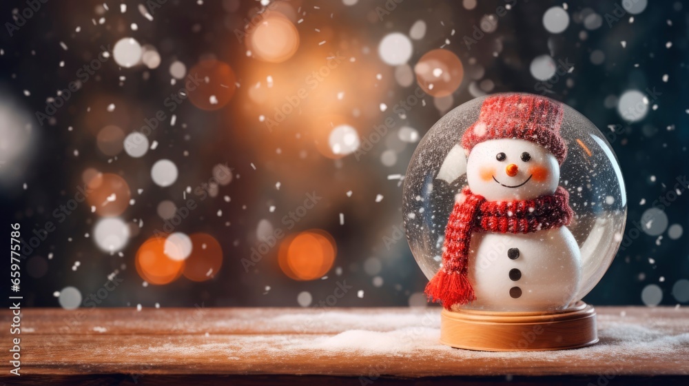 Obraz premium Snow globe with snowman and red scarf on wooden table with bokeh background