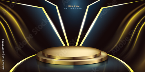 vector illustration luxury royal modern presentation podium studio background,golden color cylindrical stage background with yellow light lines.