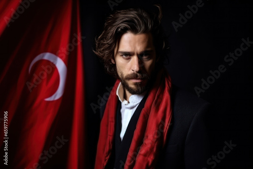 Young businessman with flag of Turkey on background
