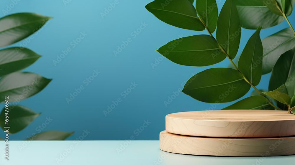 Cosmetic product display on blue background. Wood slice podium and green leaves. Concept scene stage showcase for new product, promotion sale, banner, presentation, cosmetic Cosmetic product display on blue background. Wood slice podium and green leaves. Concept scene stage showcase for new product, promotion sale, banner, presentation, cosmetic